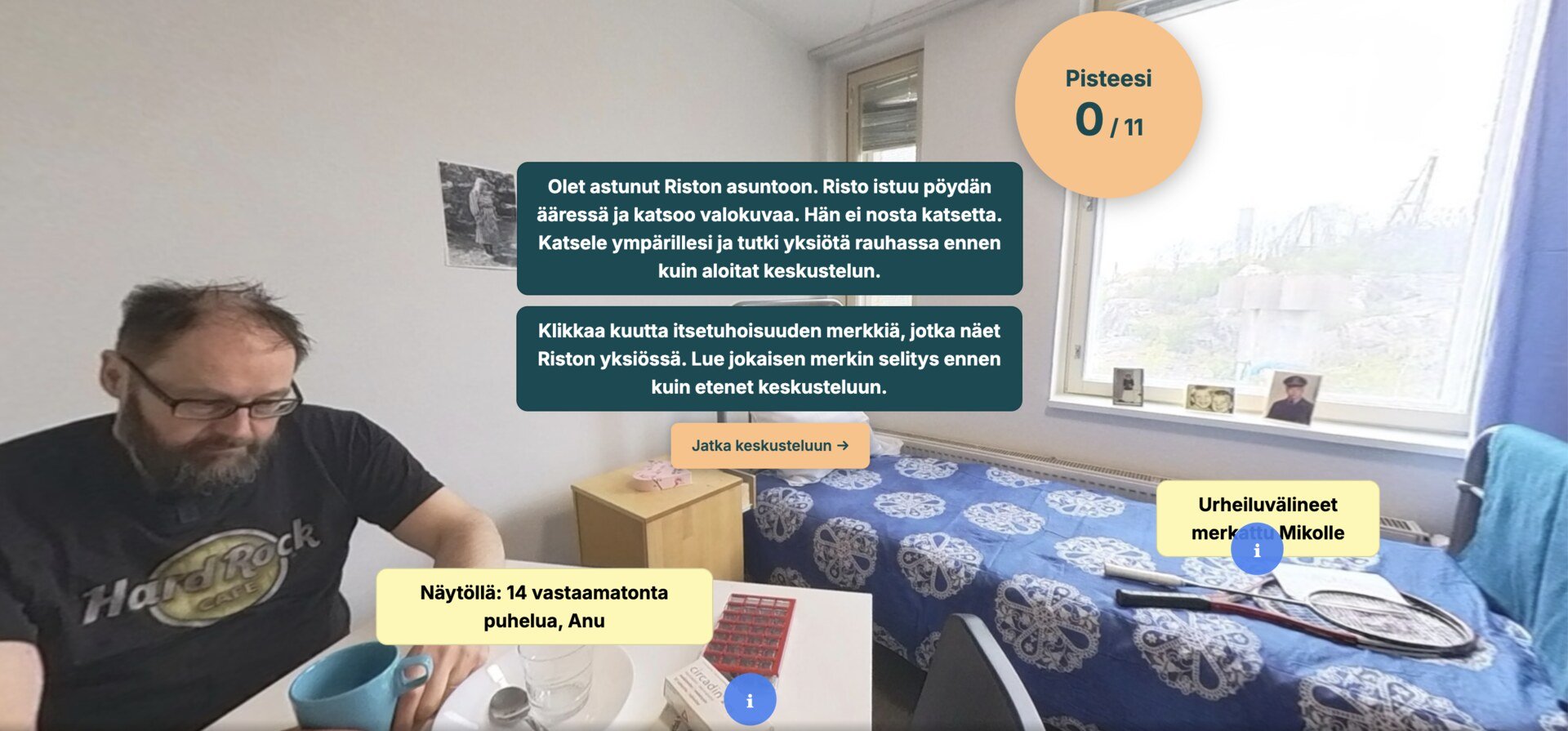360-simulaatio: asiakas istuu pöydän ääressä yksiössään, ja huoneesta on merkitty klikattavia kohtia